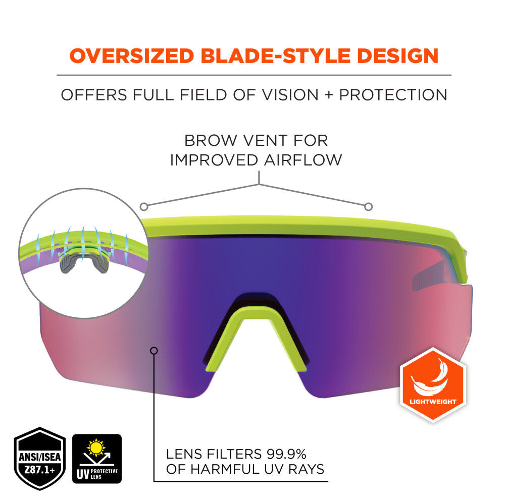 Skullerz AEGIR Polarized Mirrored Safety Glasses, Lime Frame, Purple Lens 55061