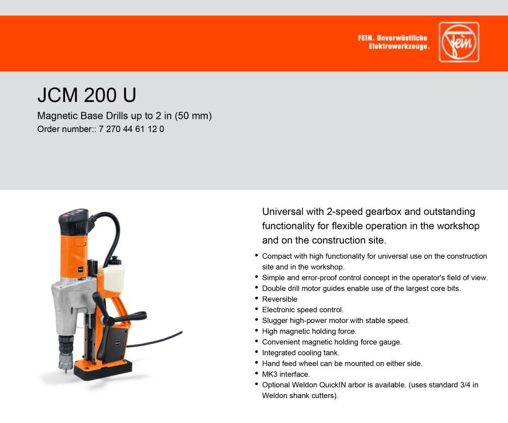 JCM 200U SLUGGER Magnetic Annular Drill 2 in. Capacity 72704461120