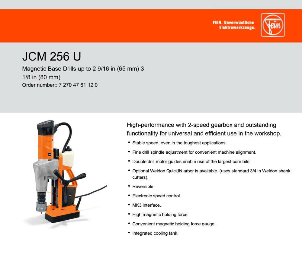 JCM 256U SLUGGER Magnetic Drill 2.5625 In. Capacity 72704761120