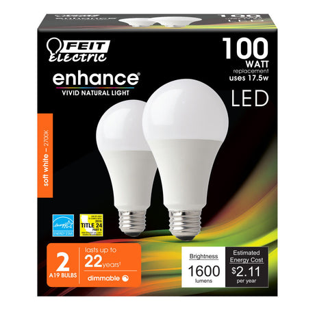 Electric 100W A19 2700K Dimmable Enhance LED Bulb 2pk OM100DM/927CA/2