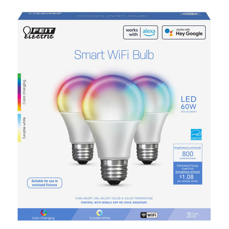 60W A19 Alexa Google LED Smart WiFi Bulb 3pk OM60RGBWCAAG3