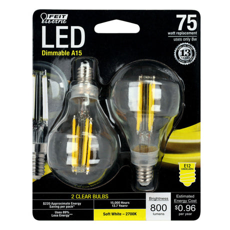 75W A15 E12 Dimmable Filament LED Bulb 2pk BPA1575C827FIL2