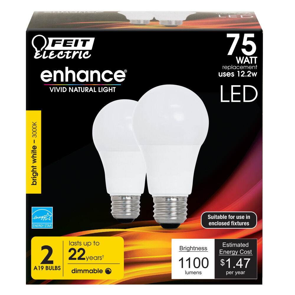 75W Enhance A19 3000K Dimmable LED Bulb 2pk OM75DM/930CA/2