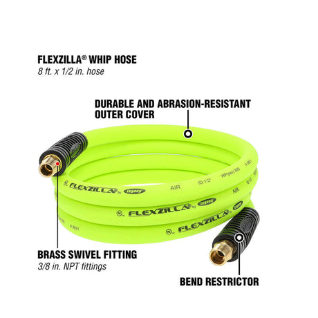 1/2 Inch x 8ft ZillaGreen Whip Air Hose HFZ1208YW3S