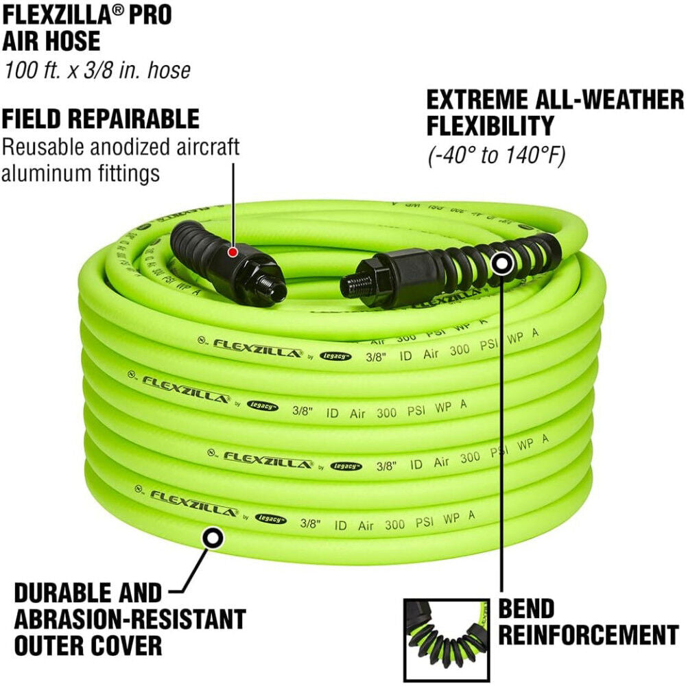 3/8 Inch x 100ft ZillaGreen Repairable Air Hose HFZP38100YW2