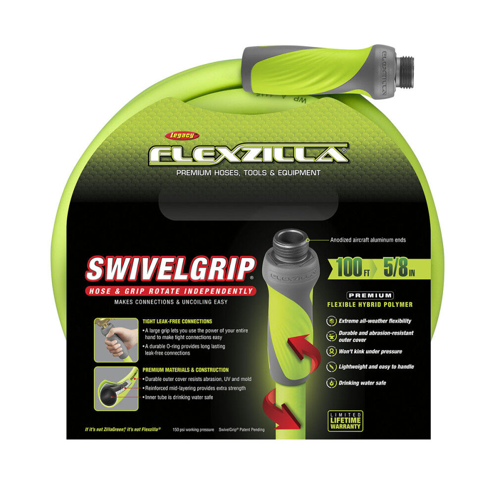 SwivelGrip Garden Hose, 5/8 Inch x 100 Feet, 3/4 Inch - 11 1/2 GHT Fittings, ZillaGreen HFZG5100YWS