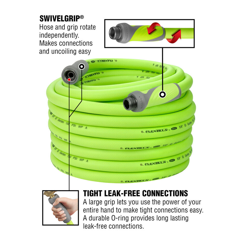 SwivelGrip Garden Hose, 5/8 Inch x 100 Feet, 3/4 Inch - 11 1/2 GHT Fittings, ZillaGreen HFZG5100YWS