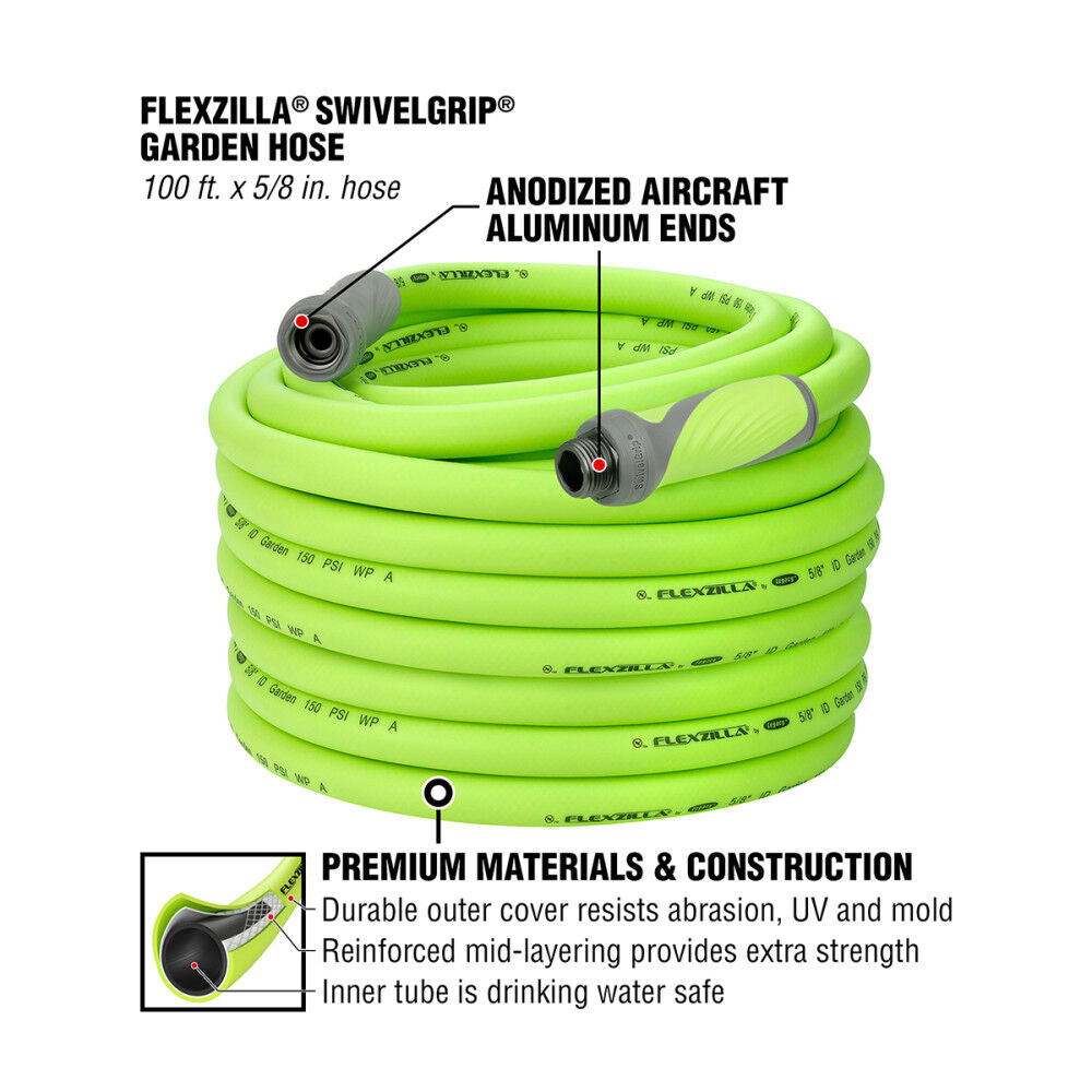 SwivelGrip Garden Hose, 5/8 Inch x 100 Feet, 3/4 Inch - 11 1/2 GHT Fittings, ZillaGreen HFZG5100YWS