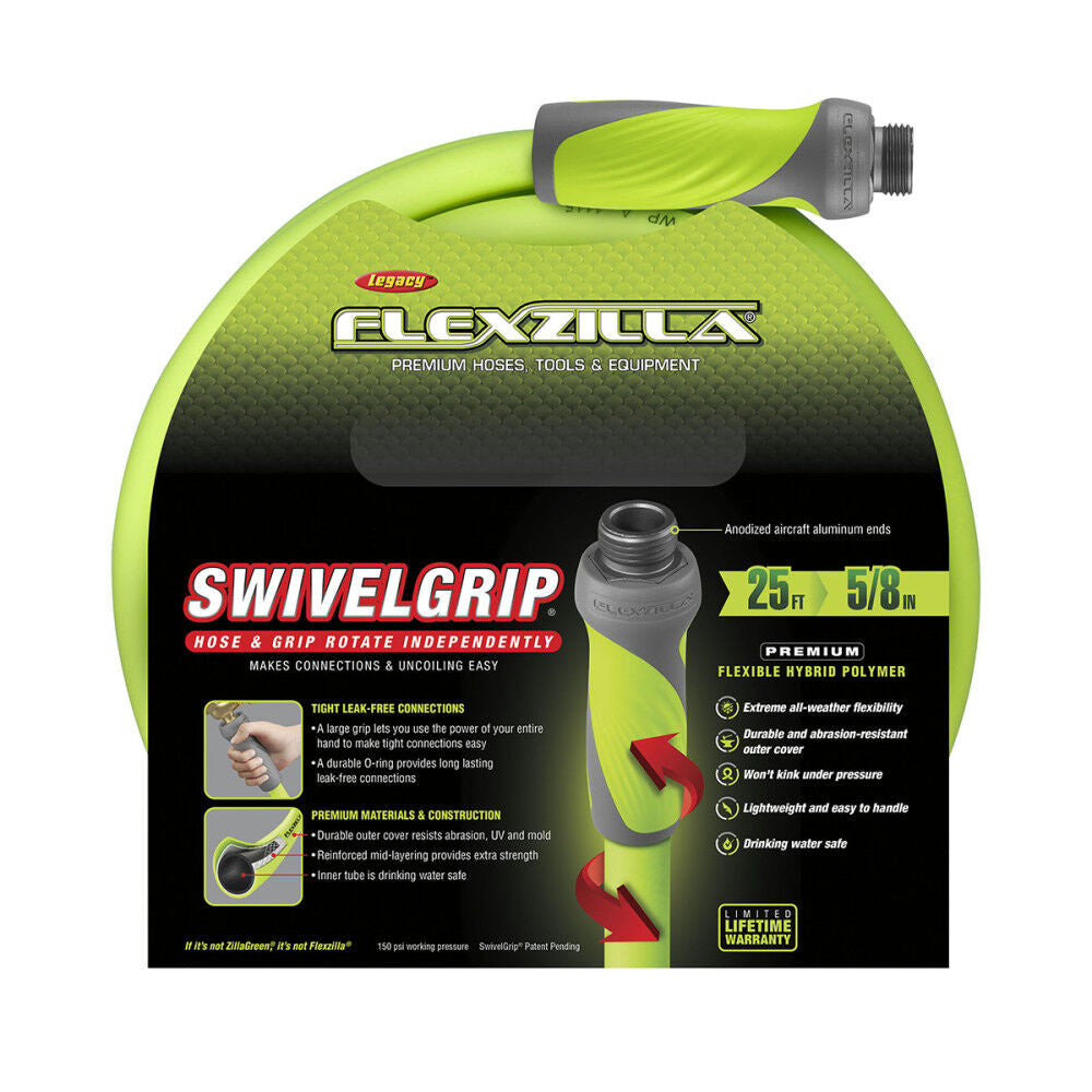 SwivelGrip Garden Hose, 5/8 Inch x 25 Feet, 3/4 Inch - 11 1/2 GHT Fittings, ZillaGreen HFZG525YWS