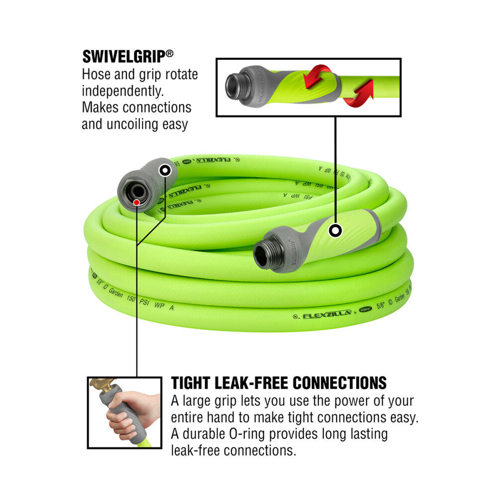 SwivelGrip Garden Hose, 5/8 Inch x 25 Feet, 3/4 Inch - 11 1/2 GHT Fittings, ZillaGreen HFZG525YWS