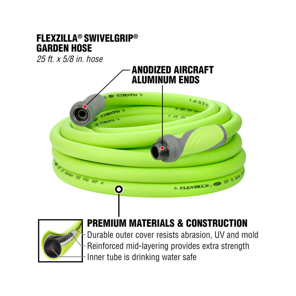 SwivelGrip Garden Hose, 5/8 Inch x 25 Feet, 3/4 Inch - 11 1/2 GHT Fittings, ZillaGreen HFZG525YWS