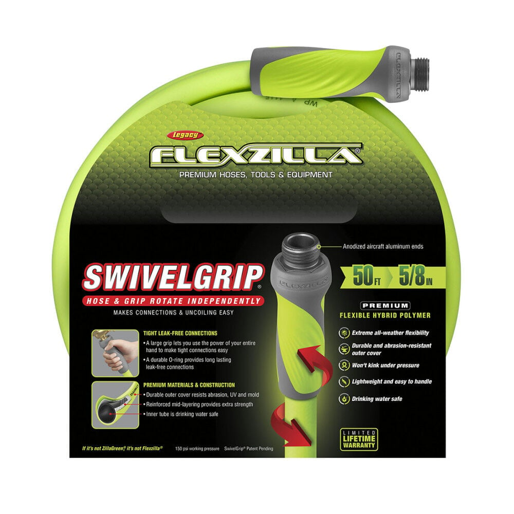 SwivelGrip Garden Hose, 5/8 Inch x 50 Feet, 3/4 Inch - 11 1/2 GHT Fittings, ZillaGreen HFZG550YWS