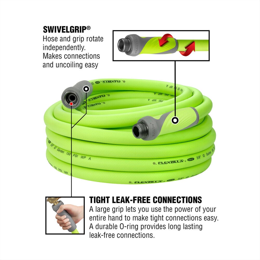 SwivelGrip Garden Hose, 5/8 Inch x 50 Feet, 3/4 Inch - 11 1/2 GHT Fittings, ZillaGreen HFZG550YWS