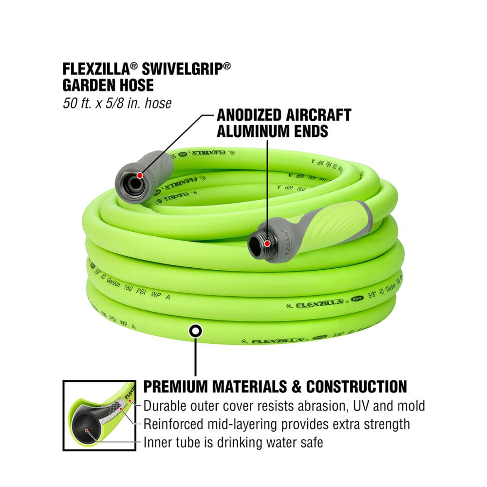 SwivelGrip Garden Hose, 5/8 Inch x 50 Feet, 3/4 Inch - 11 1/2 GHT Fittings, ZillaGreen HFZG550YWS