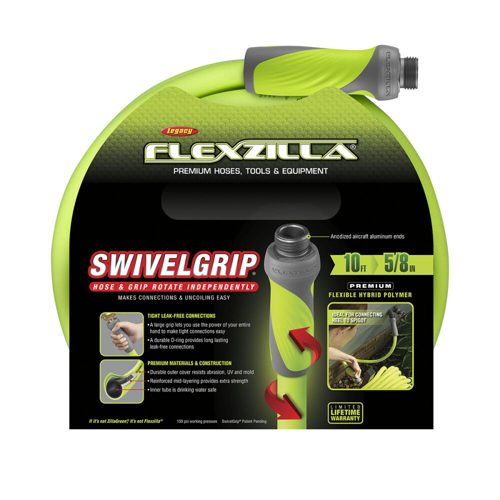 SwivelGrip Garden Lead-in Hose, 5/8 Inch x 10 Feet, 3/4 Inch - 11 1/2 GHT Fittings, ZillaGreen HFZG510YWS