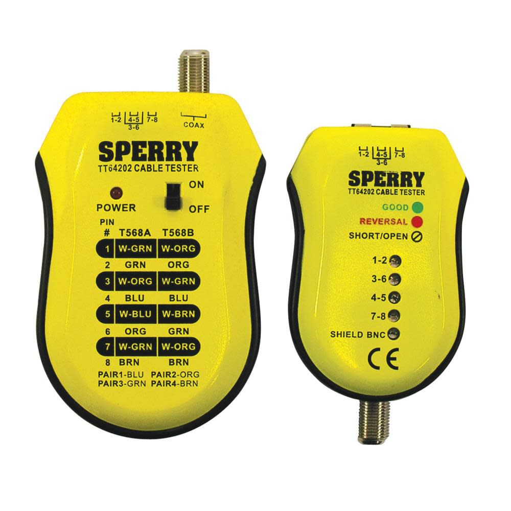 Sperry Instruments TT64202 Cable Test Plus Coax & UTP/STP Cable Tester - Detects: Shorts / Miss-Wires & Reversals Wiring Reference Chart Included 2 Pc. Kit Yellow & Black TT64202