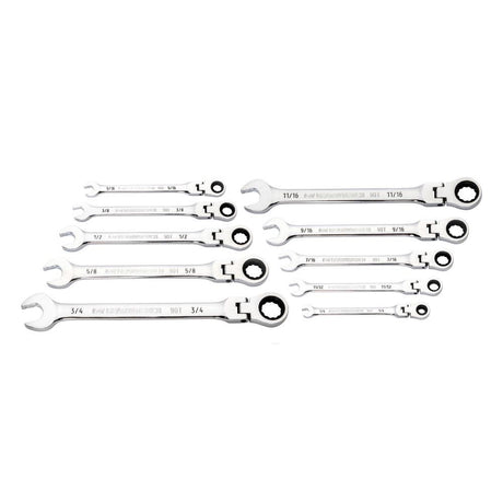 10 Pc. 90T 12 Point Flex Head Ratcheting Combination SAE Wrench Set 86758