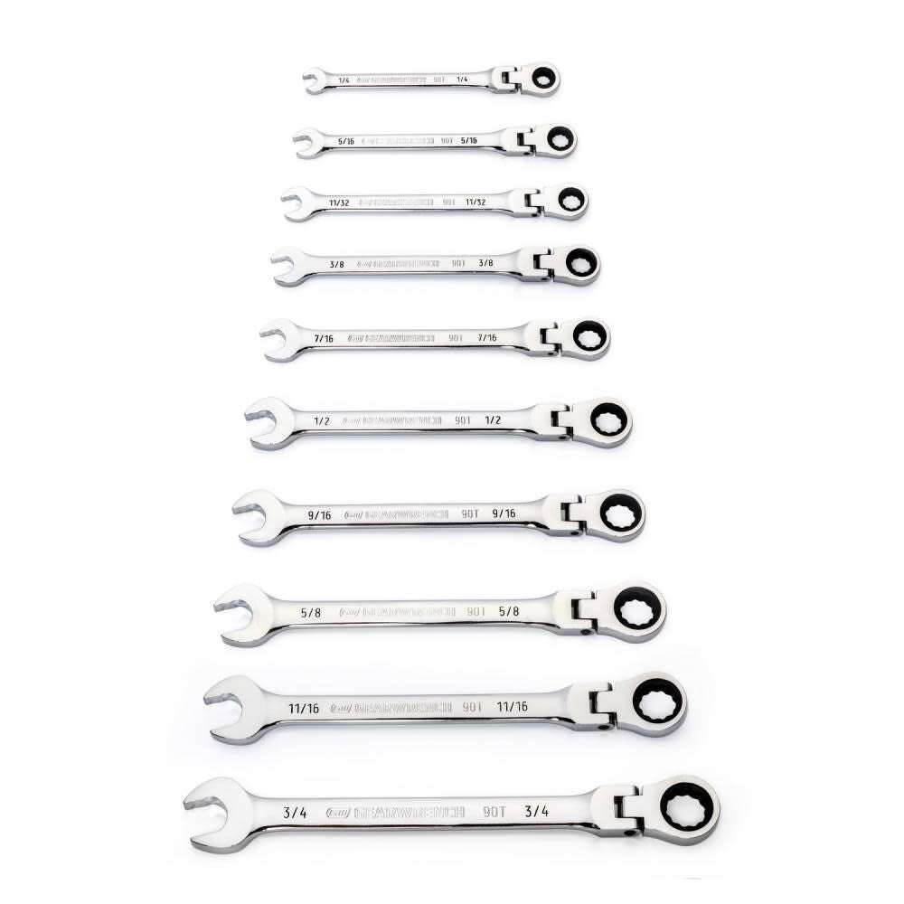 10 Pc. 90T 12 Point Flex Head Ratcheting Combination SAE Wrench Set 86758