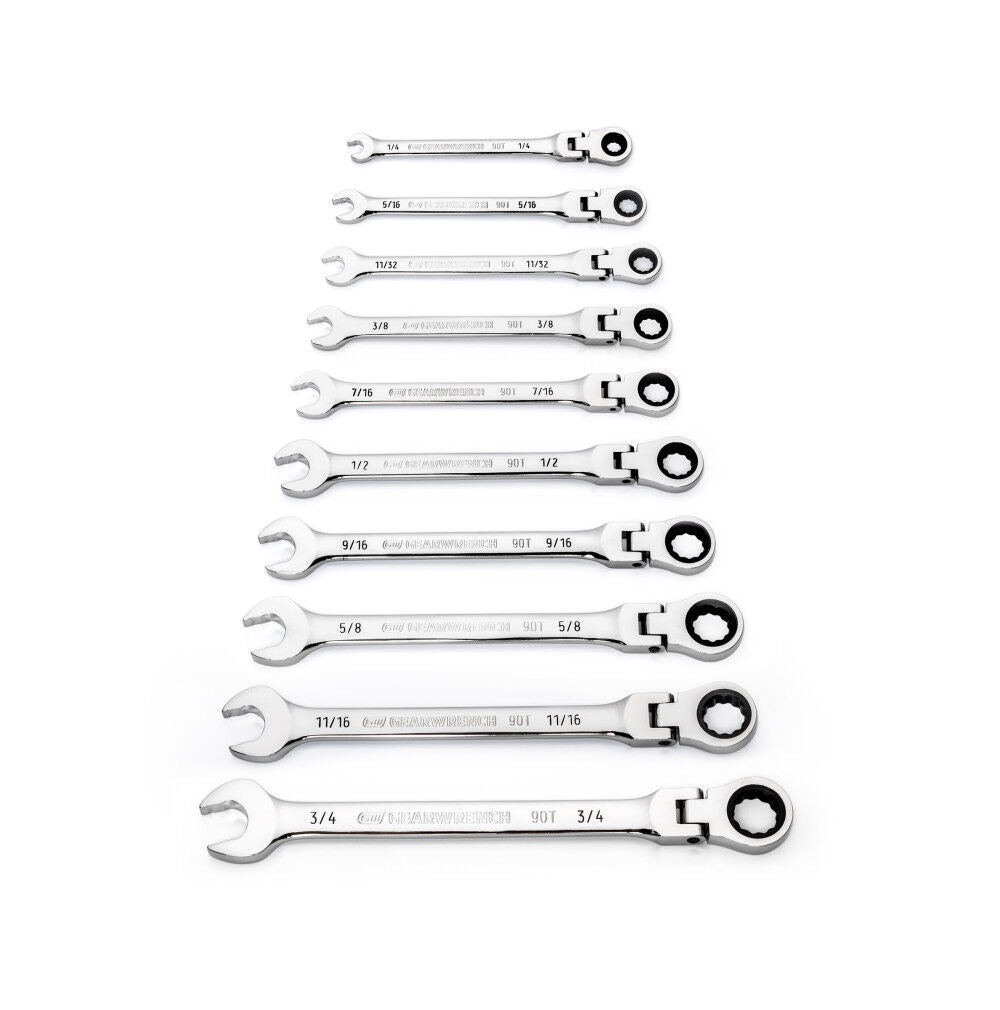 10 Pc. 90T 12 Point Flex Head Ratcheting Combination SAE Wrench Set 86758