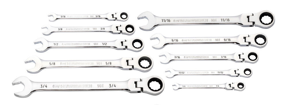 10 Pc. 90T 12 Point Flex Head Ratcheting Combination SAE Wrench Set 86758