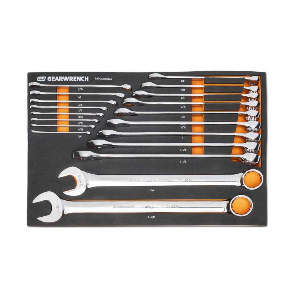 12 Point Long Pattern Combination SAE Wrench Set in Foam Storage Tray 19pc GWMSCWL12SAE