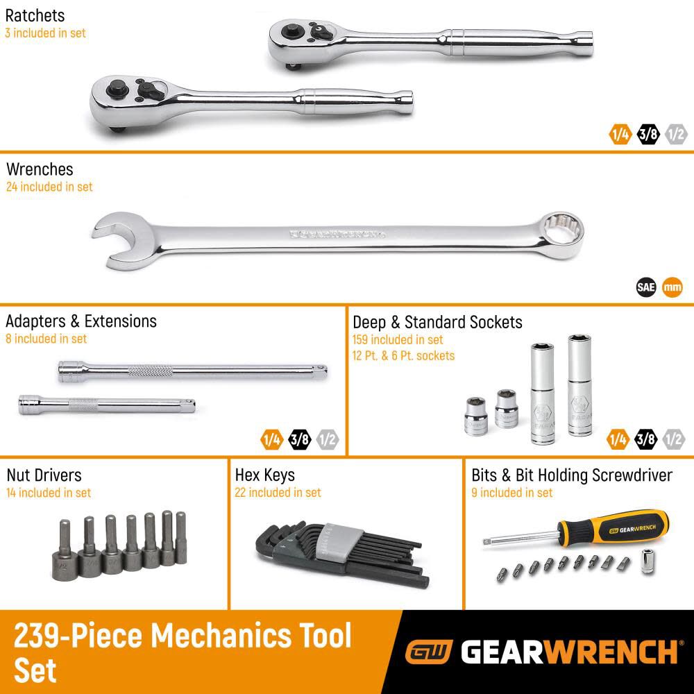 239 Piece Mechanics Tool Set in 3 Drawer Storage Box 80942