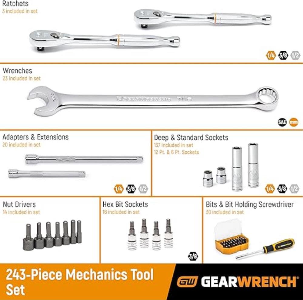 243 Pc. 6 Point Mechanics Tool Set in 3 Drawer Storage Box 80966