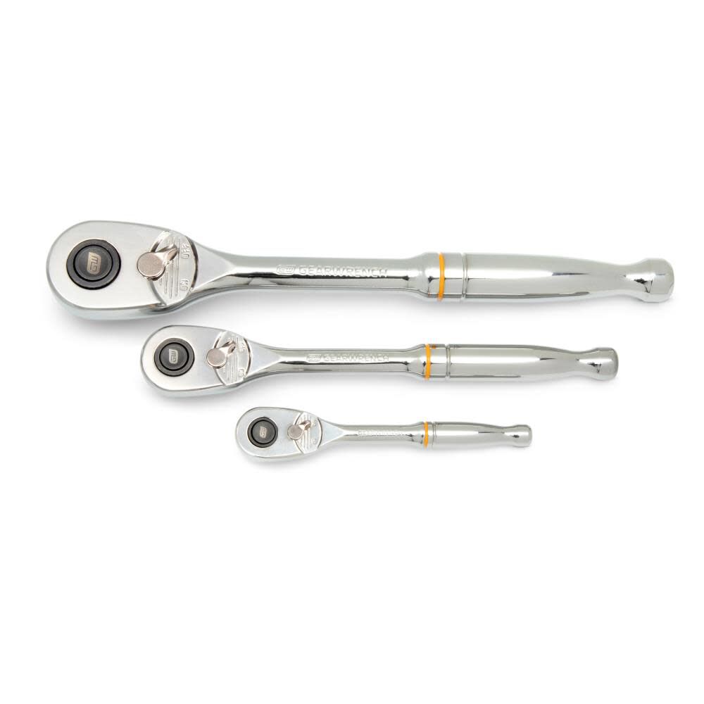 3 Pc 1/4in, 3/8 and 1/2in Drive 90-Tooth Quick Release Teardrop Ratchet Set 81310T