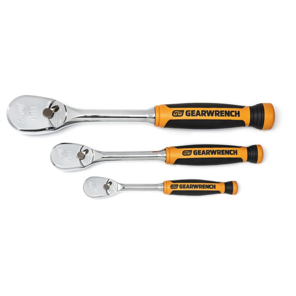 3 Piece 1/4in 3/8in and 1/2in 90 Tooth Dual Material Ratchet Set 81207T