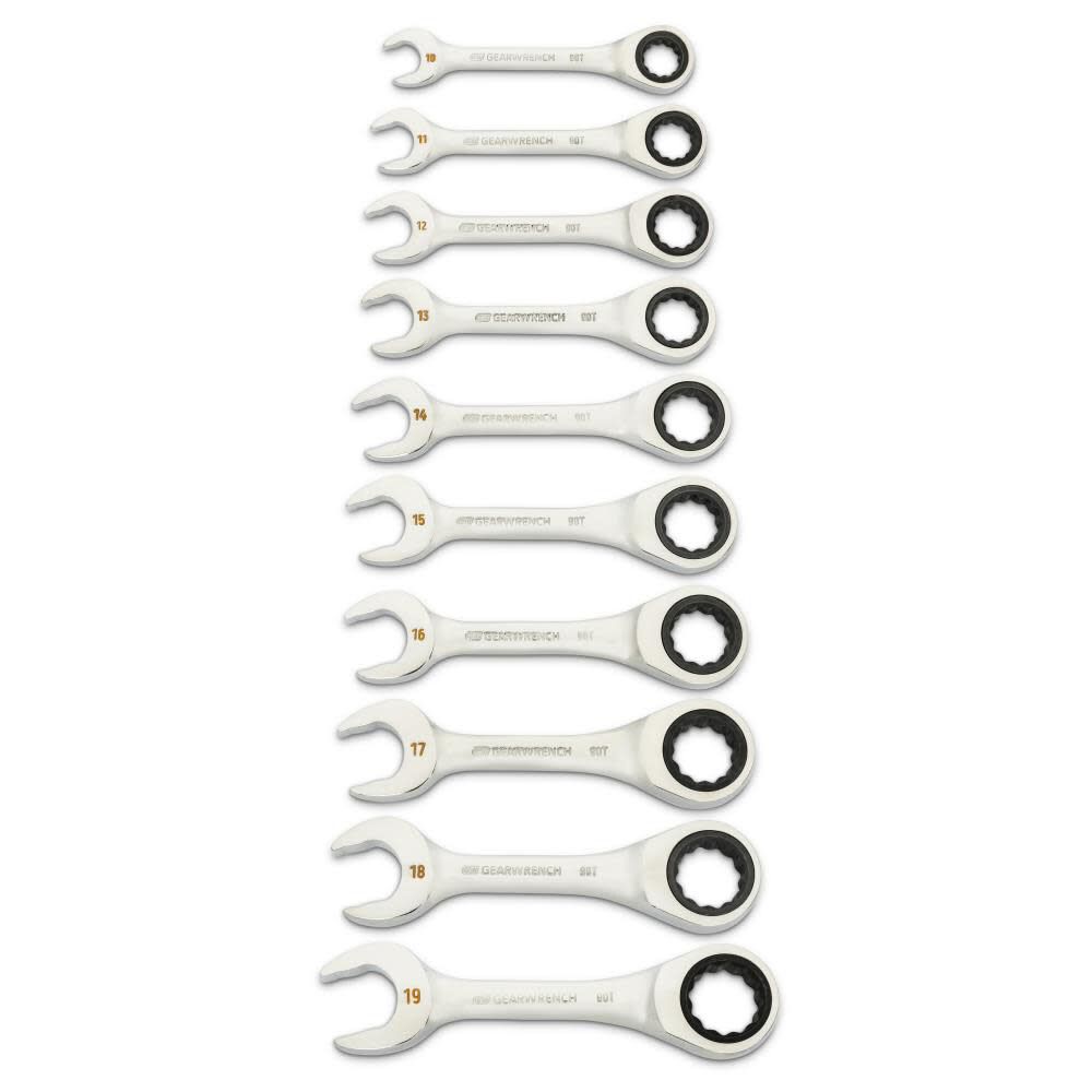 90-Tooth 12 Point Metric Stubby Ratcheting Combination Wrench Set 10pc 86850