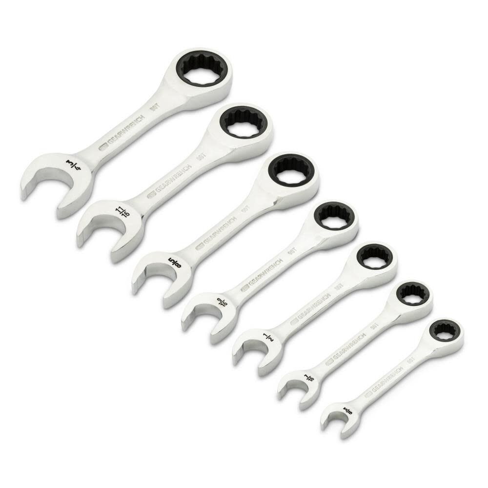 90-Tooth 12 Point SAE Stubby Ratcheting Combination Wrench Set 7pc 86858