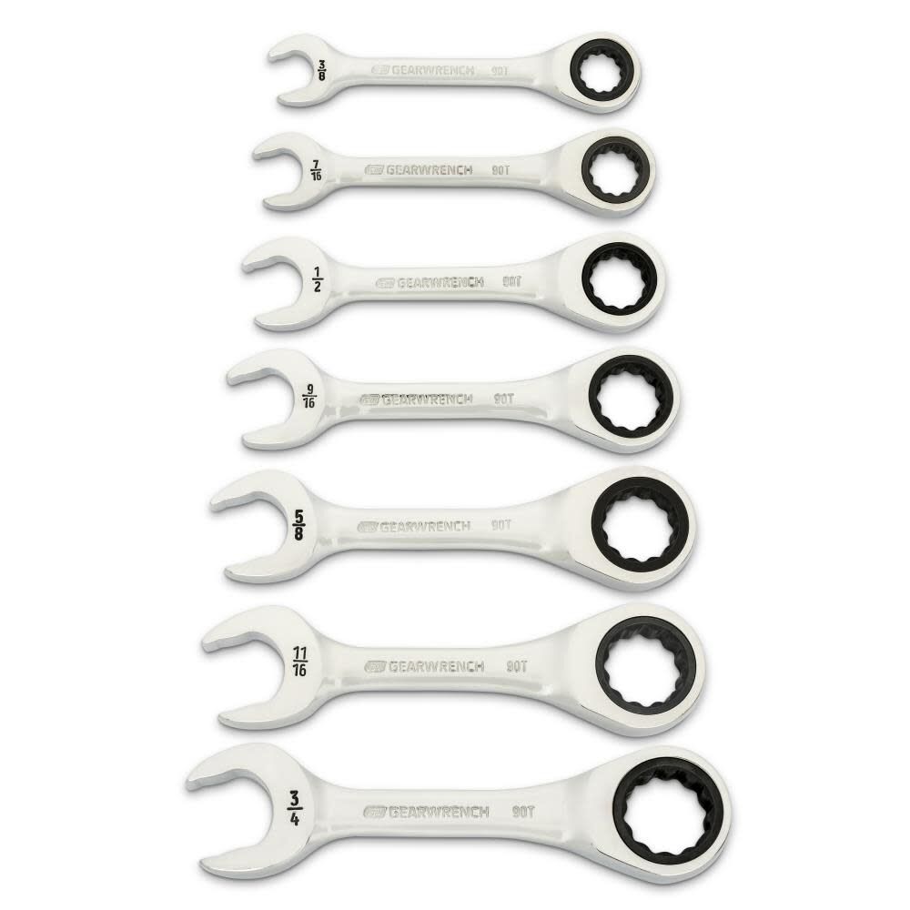 90-Tooth 12 Point SAE Stubby Ratcheting Combination Wrench Set 7pc 86858