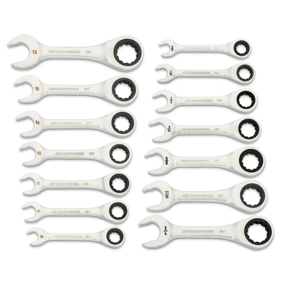 90-Tooth 12 Point SAE/Metric Stubby Ratcheting Combination Wrench Set 14pc 86859