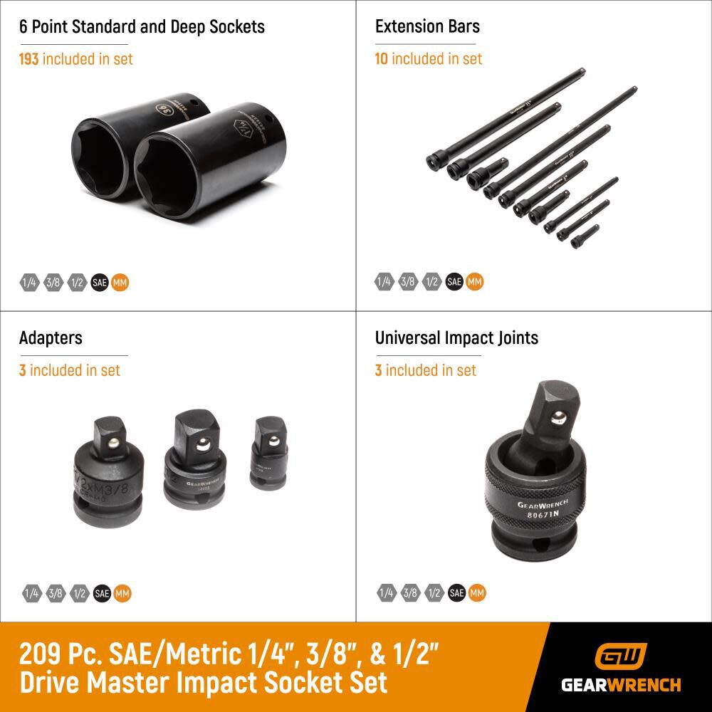 Impact Socket Master Set 1/4in 3/8in 1/2in 6 Point SAE & Metric Standard & Deep 209pc 89072