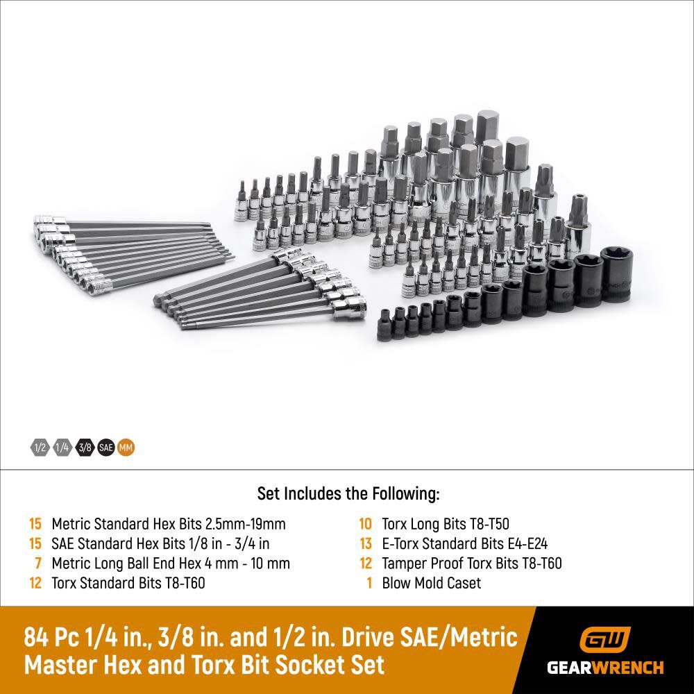 Master SAE/Metric and TORX Bit Socket Set 84 pc 1/4 3/8 & 1/2 In. Drive 80742