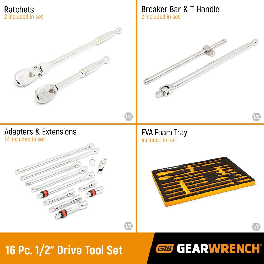 Ratchet & Drive Tool Set 1/2in 90T with EVA Foam Tray 16pc 86522