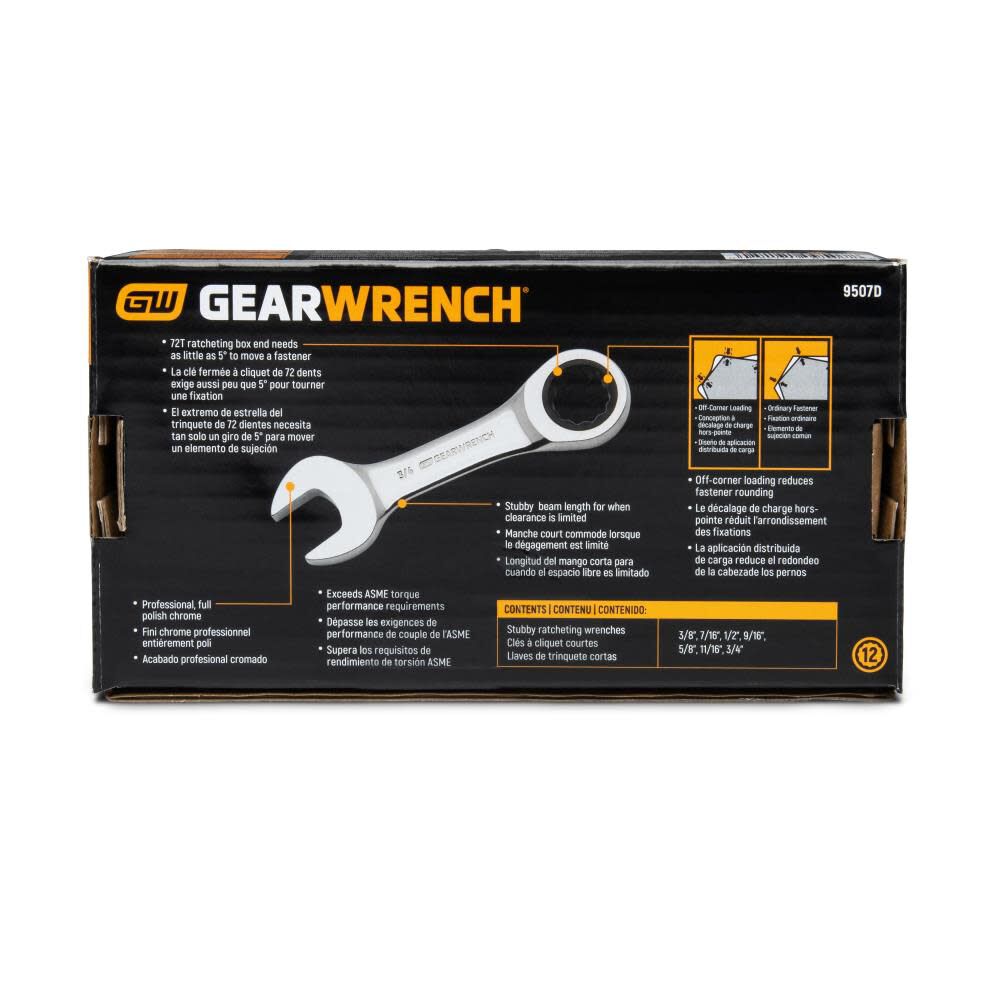 Ratcheting Wrench Set SAE Stubby Combination 7pc 9507D