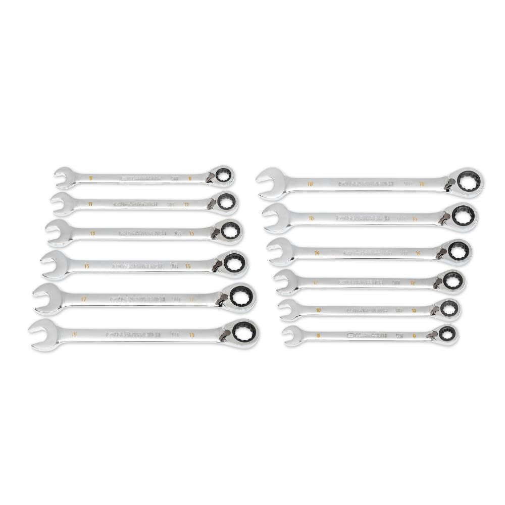 Ratcheting Wrench Set with Wrench Roll 90 Tooth 12 Point Metric Reversible 12pc 86628