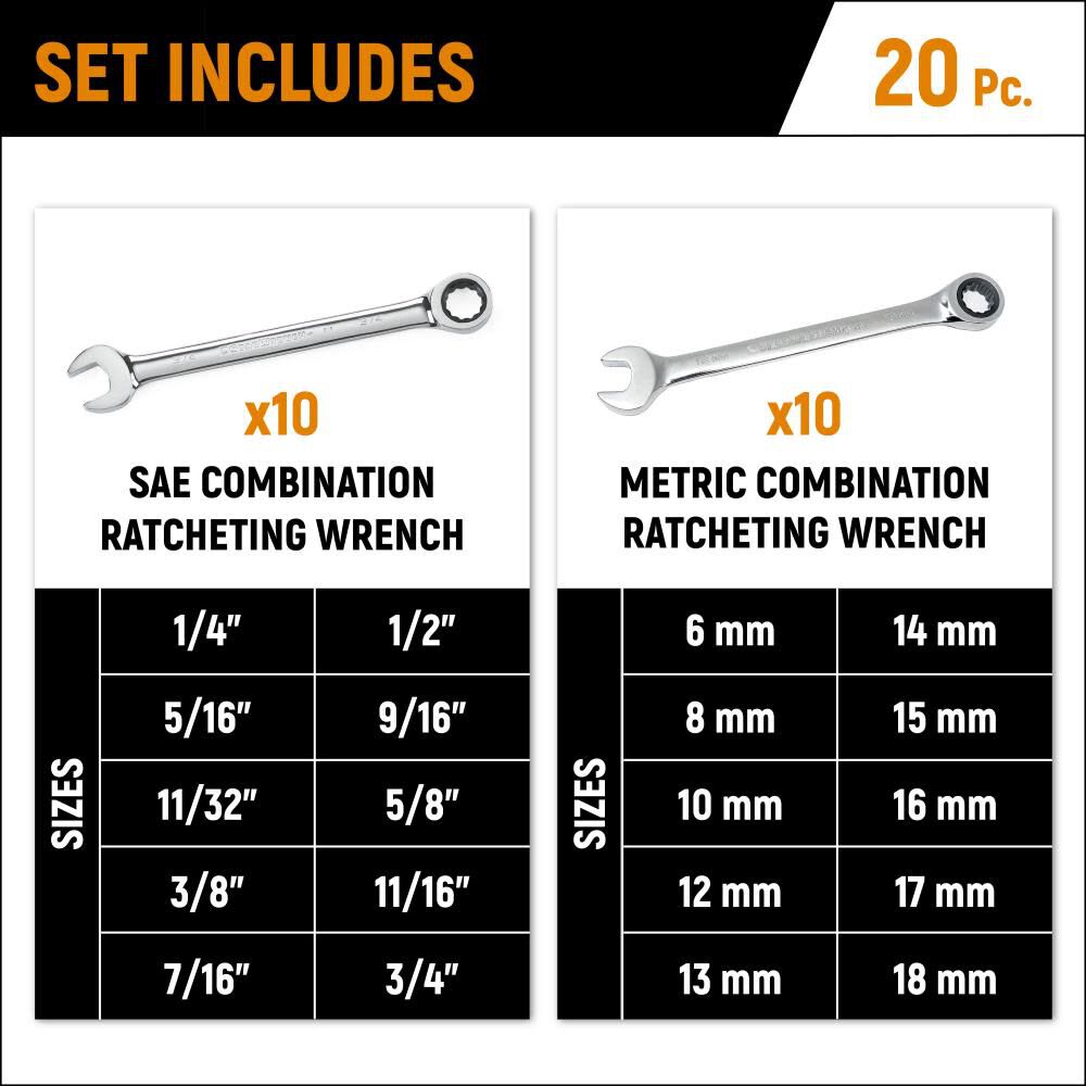 20-Piece Set Standard (SAE) and Metric Ratchet Wrench 35720-06