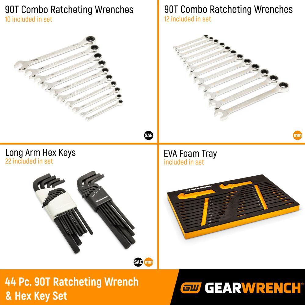 SAE/Metric Ratcheting Wrench and Hex Key Set 90T 44pc 86528