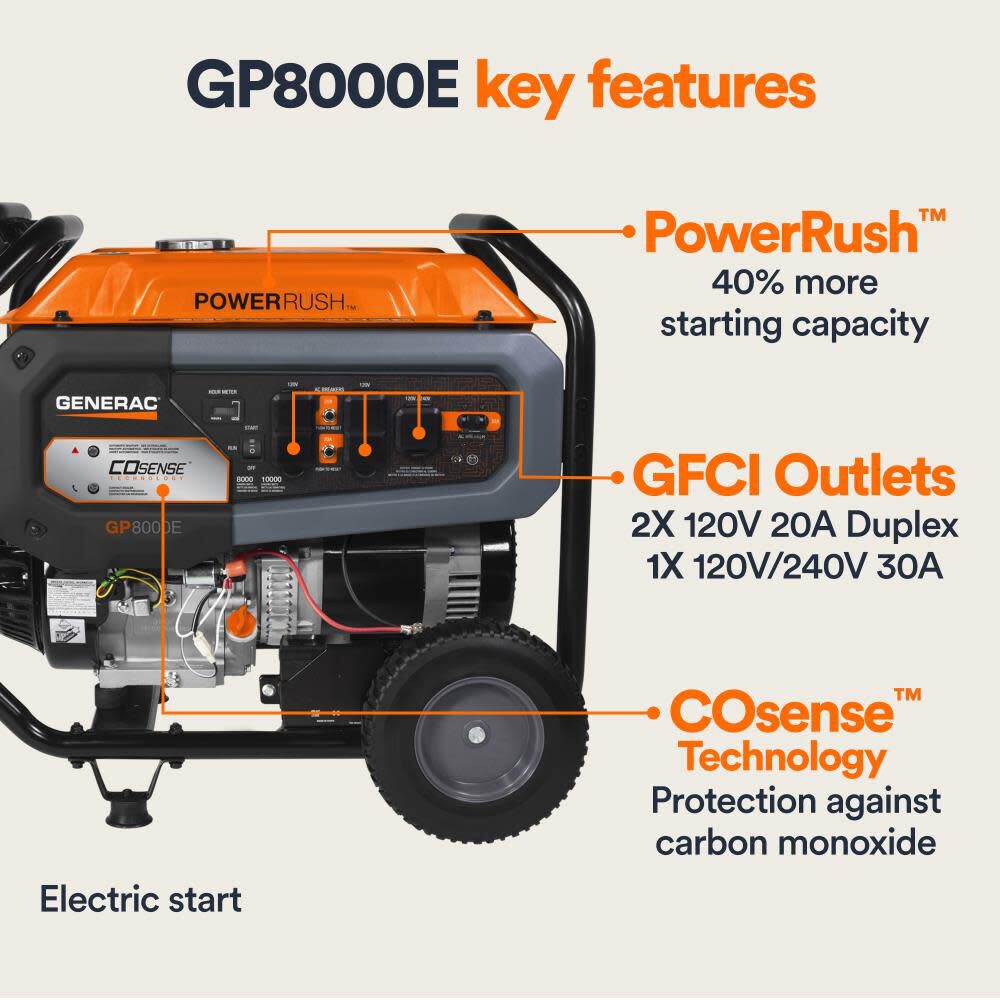 8000 Watt Electric Start Portable Generator with COSense 7676