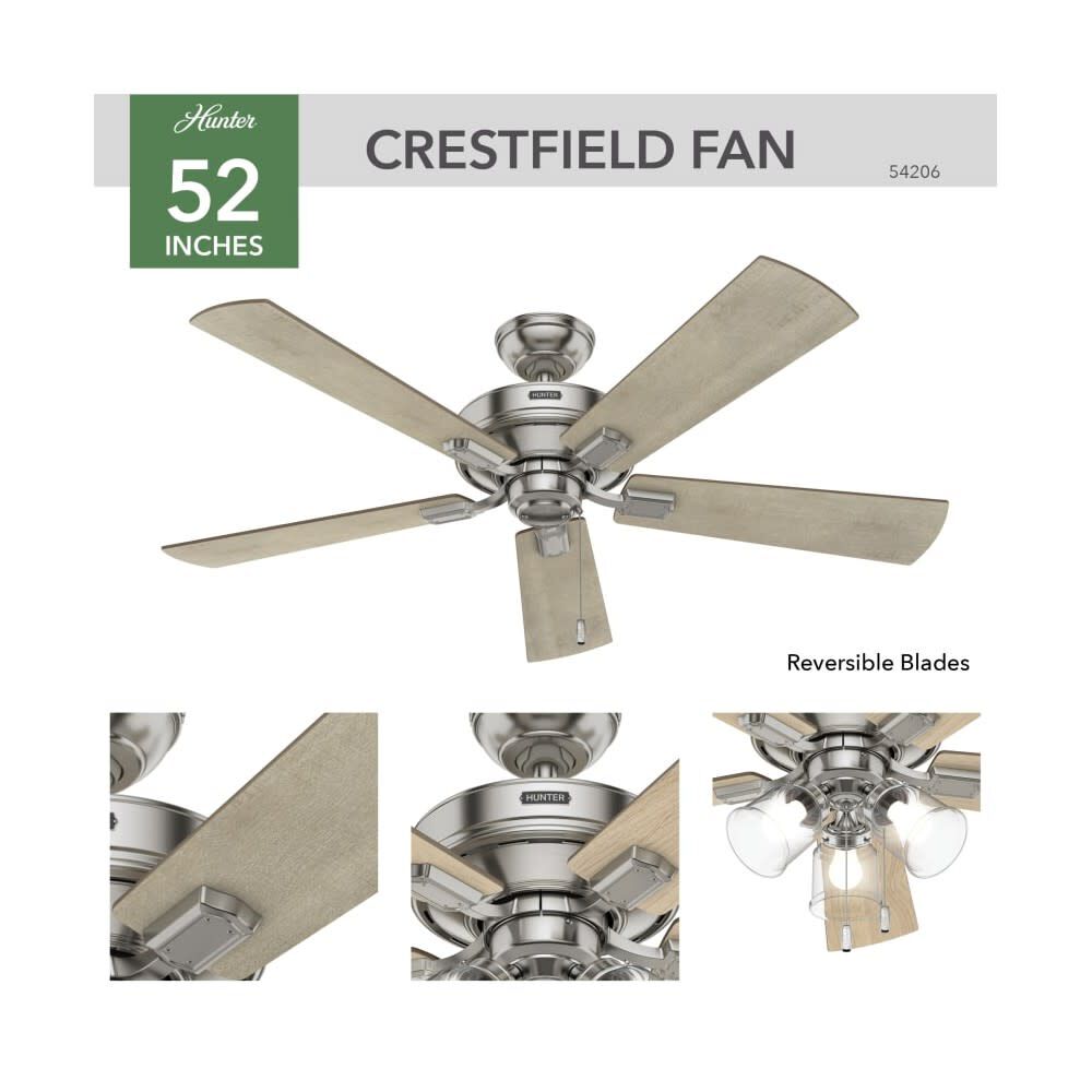 Crestfield Ceiling Fan 52in Nickel Bleached Grey Pine 54206