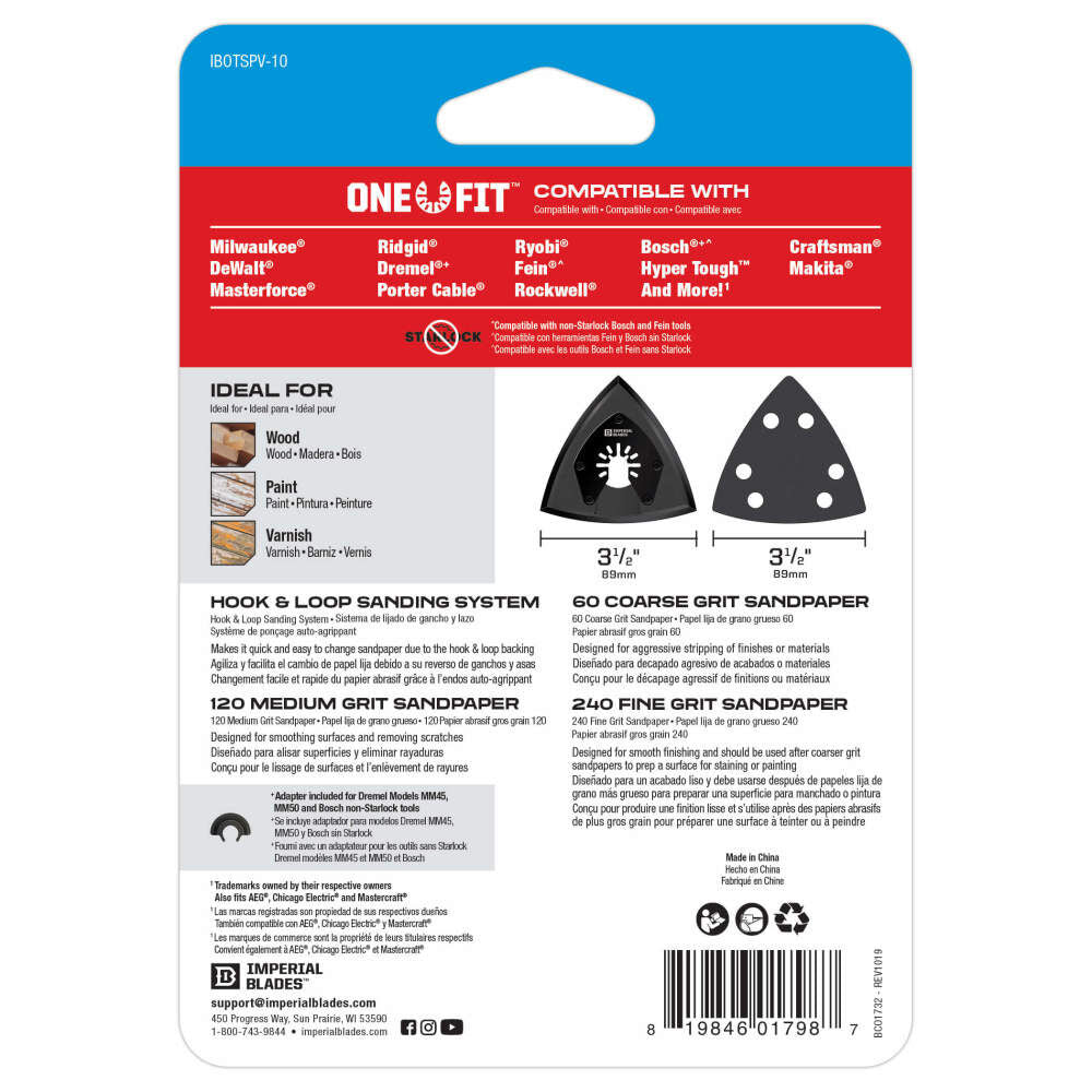 One Fit 3-1/2in Oscillating Triangle Sanding Pad + Sandpaper Variety Pack 10PC IBOTSPV-10