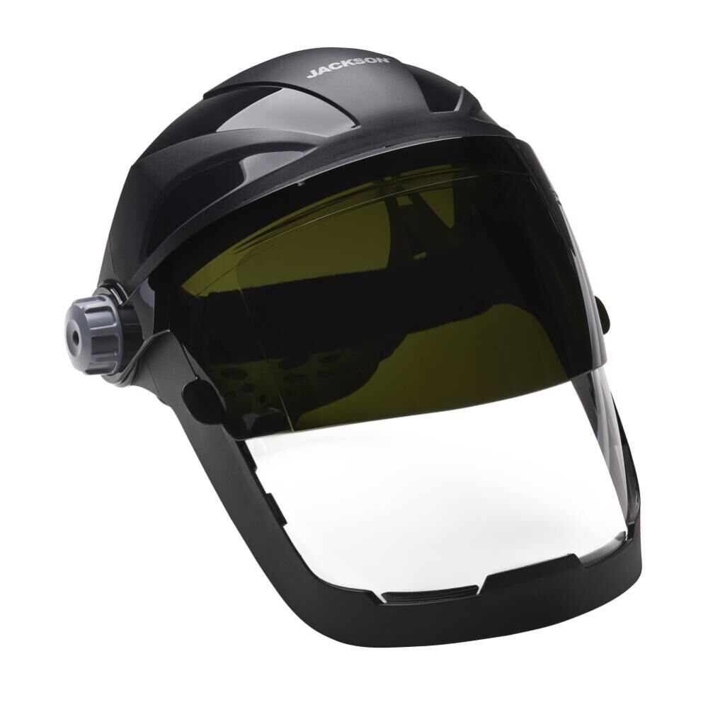 QUAD 500 Premium Multi-Purpose Face Shield - Clear Window with Shade 5 IR Flip Visor - Anti-Fog Coating - 370 Speed Dial Ratcheting Headgear 14230