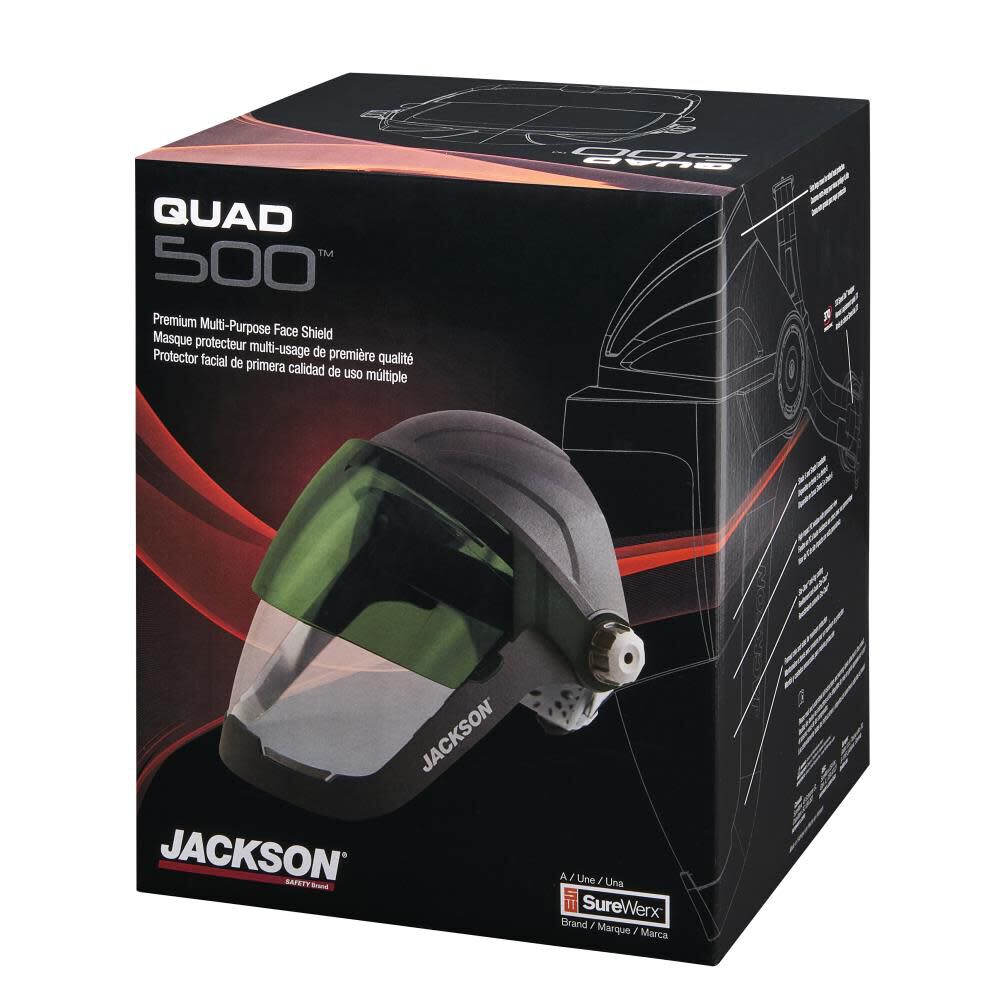 QUAD 500 Premium Multi-Purpose Face Shield - Clear Window with Shade 5 IR Flip Visor - Anti-Fog Coating - 370 Speed Dial Ratcheting Headgear 14230