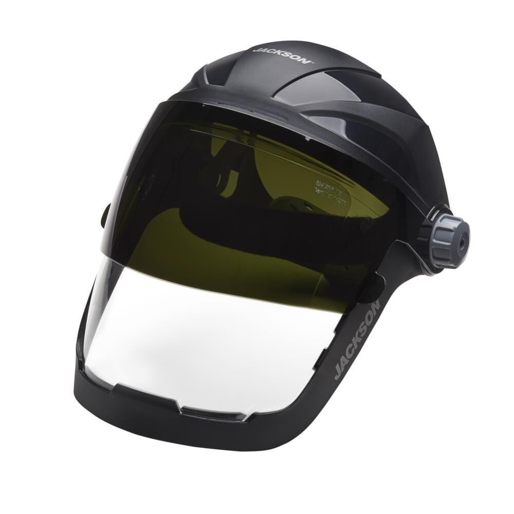 QUAD 500 Premium Multi-Purpose Face Shield - Clear Window with Shade 5 IR Flip Visor - Anti-Fog Coating - 370 Speed Dial Ratcheting Headgear 14230