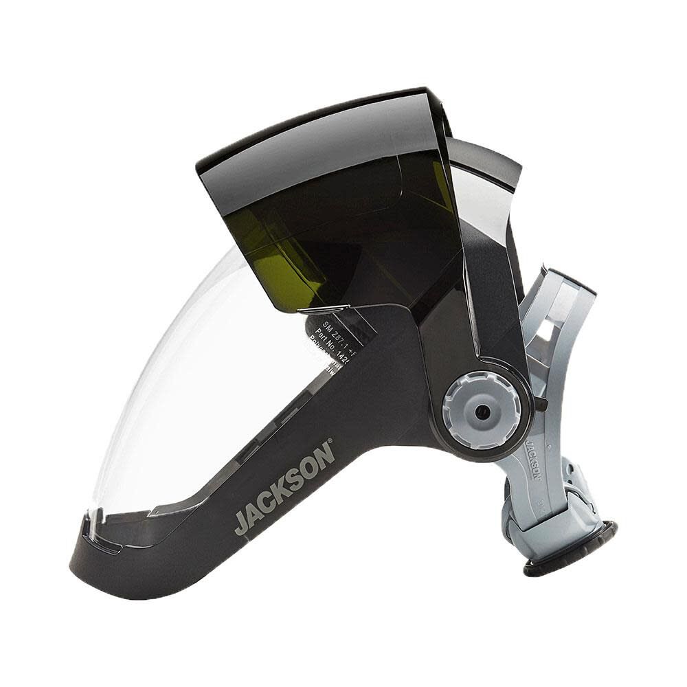 QUAD 500 Premium Multi-Purpose Face Shield - Clear Window with Shade 8 IR Flip Visor - Anti-Fog Coating - 370 Speed Dial Ratcheting Headgear 14233