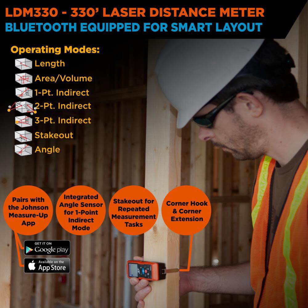 Laser Distance Measuring 330-ft Indoor/Outdoor Red Laser Distance Measurer with Backlit Display and Bluetooth Compatibility LDM330