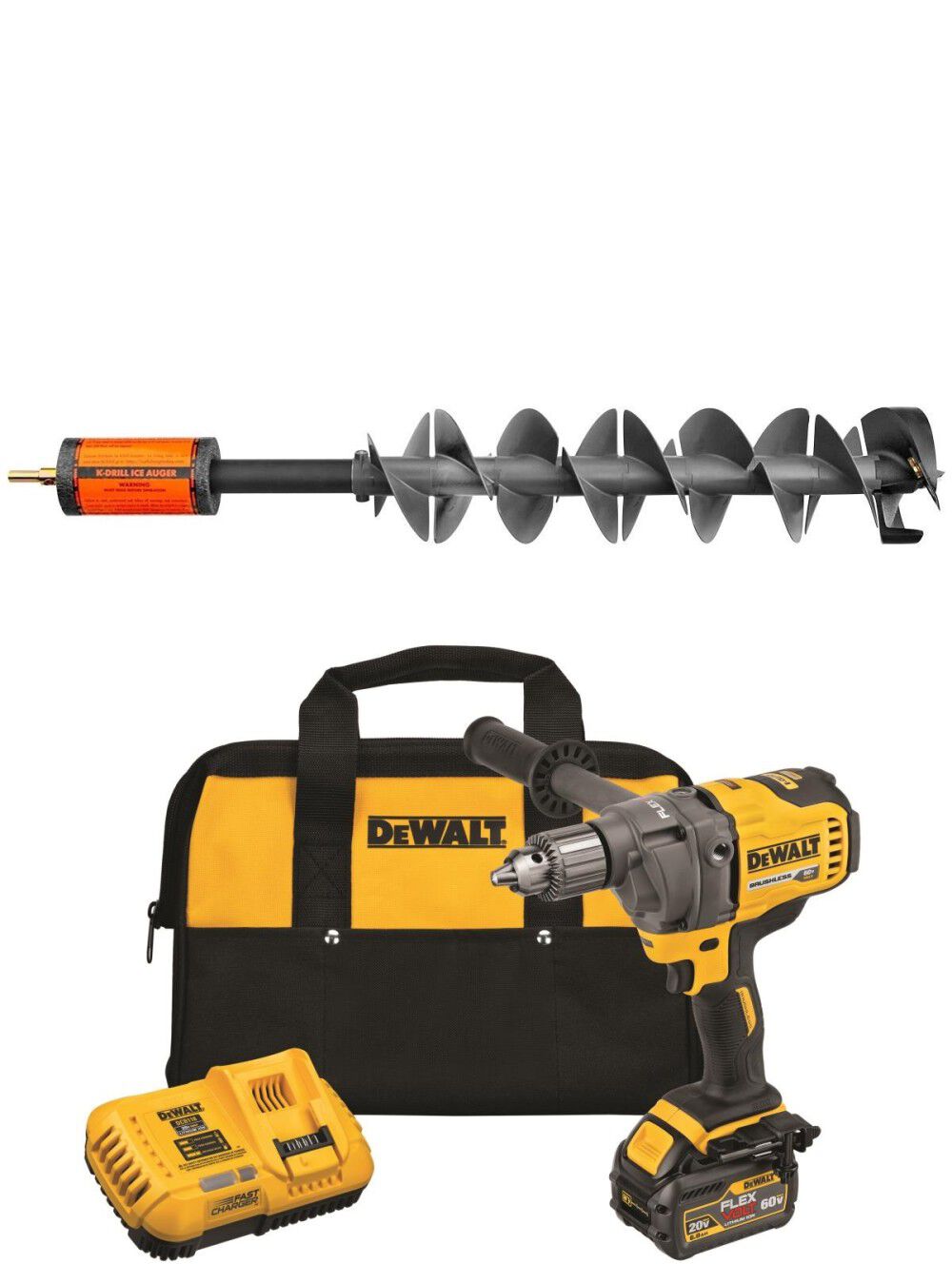 6in Ice Auger with DEWALT 60V Max Drill Kit Bundle DCD130T1-IDRL60