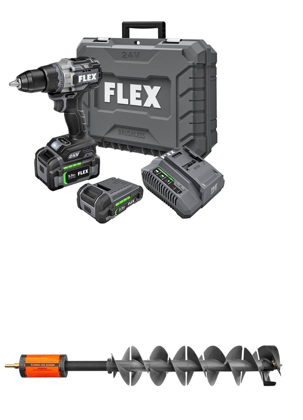 7.5in Ice Auger with Flex 24V 1/2in 2 Speed Drill Driver With Turbo Mode Kit IDRL75-FX1171T-2B